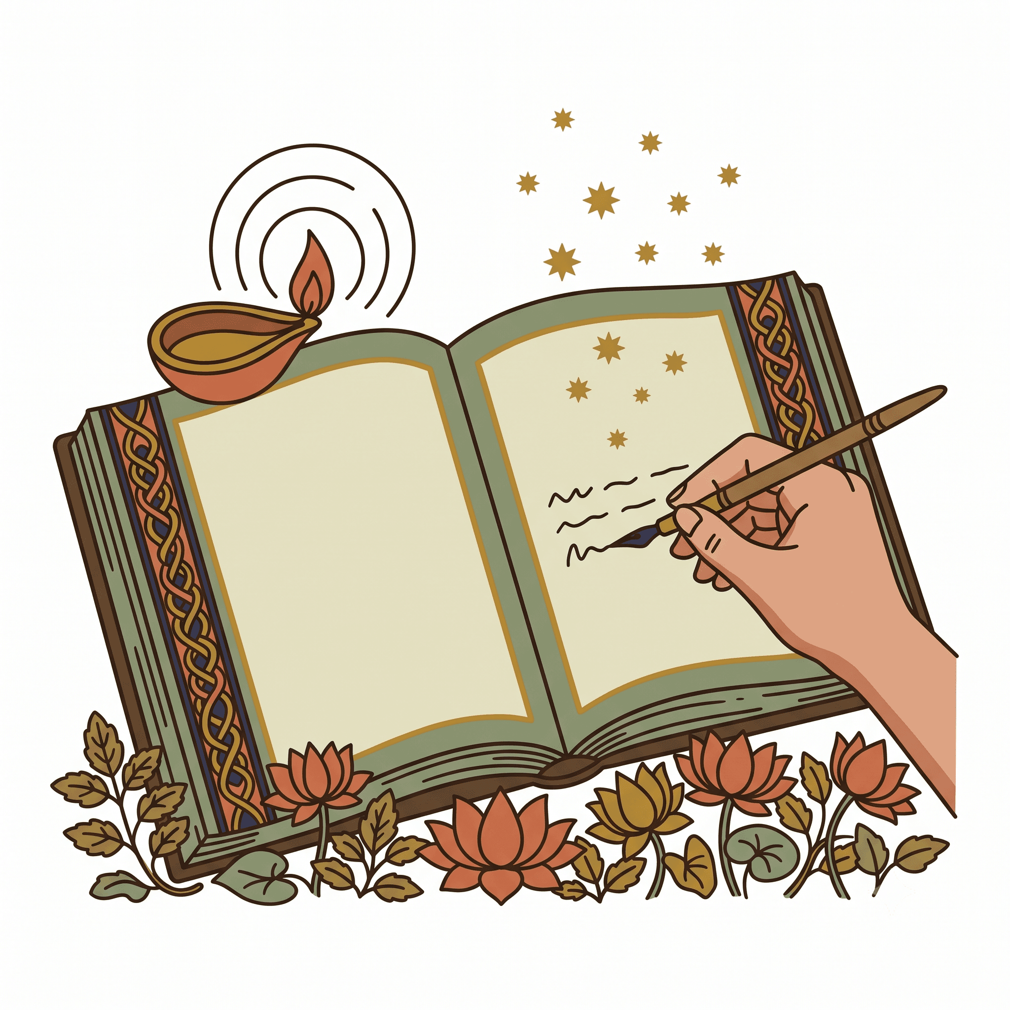 An open journal beside a burning diya