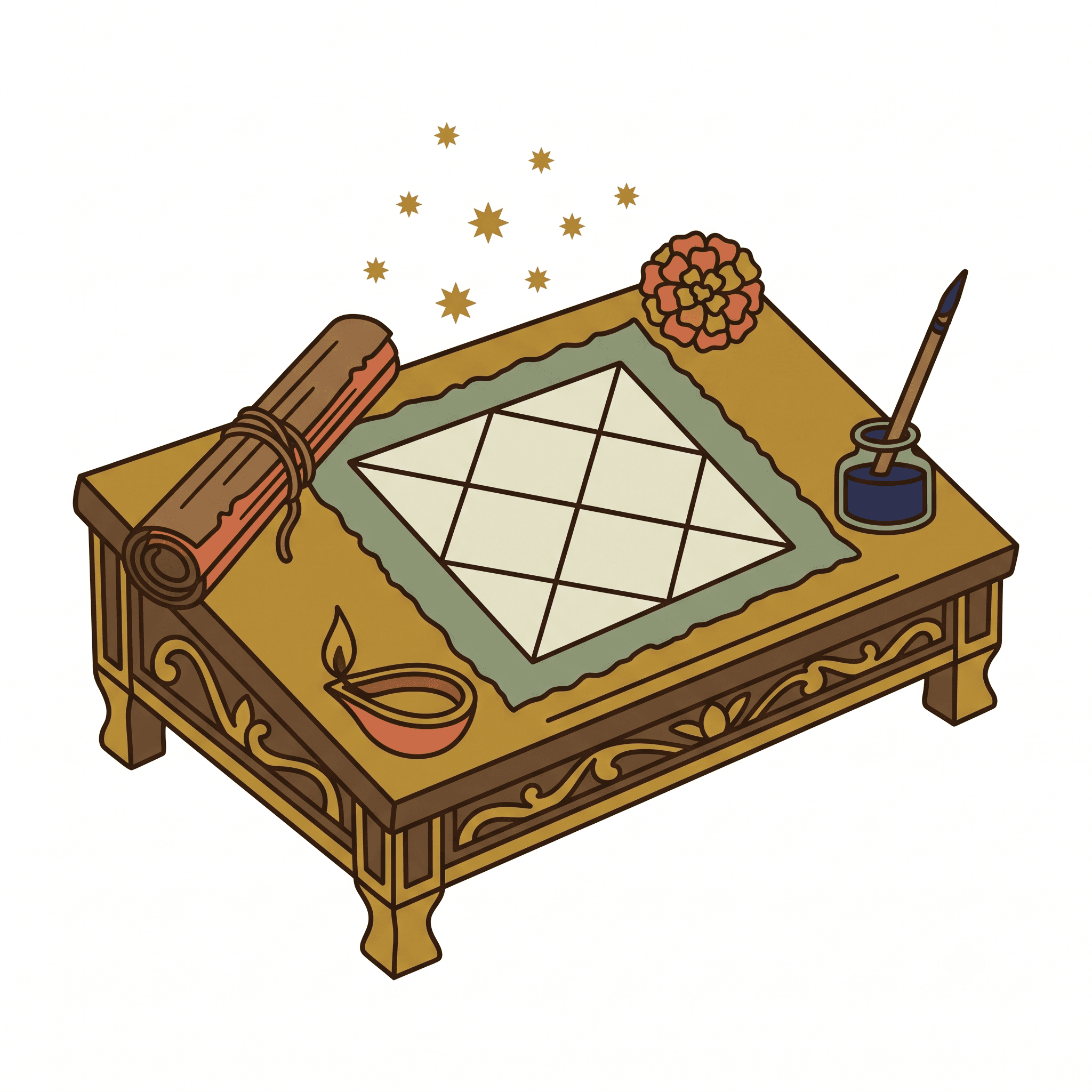 A kundali chart drawn on handmade paper beside a brass lamp