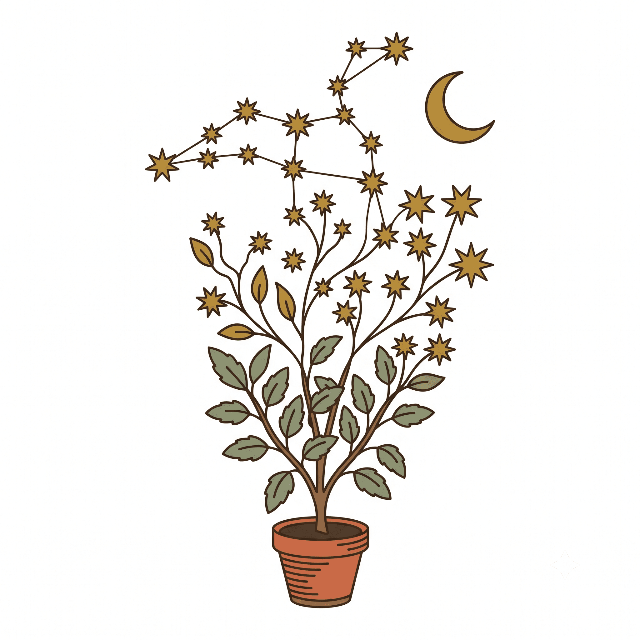 A tulsi plant whose stem becomes a constellation
